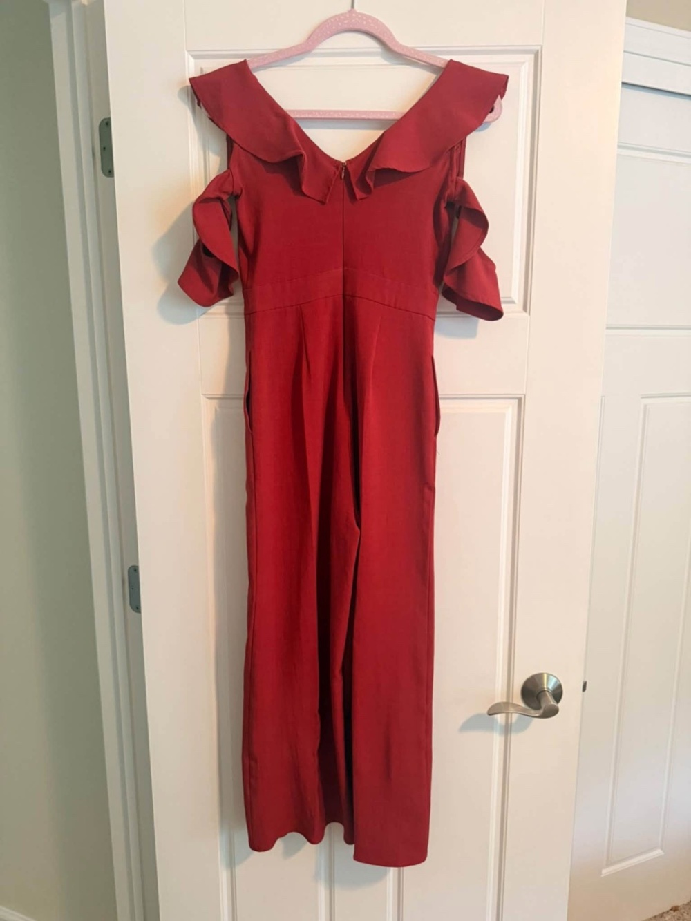 Lulus Doozy Rust Red Ruffled Wide-Leg Off-the-Shoulder Jumpsuit - Picture 5 of 6